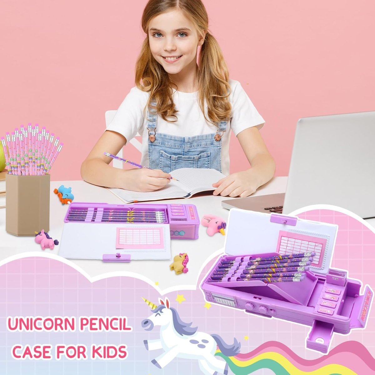 Unicorn Passcode Pencil BoxUnicorn Pencil BoxCRAFTY CUDDLEGirl sitting at a desk with unicorn - themed pencil cases and pens on a pink backgroundBackToSchoolCartoonStationery