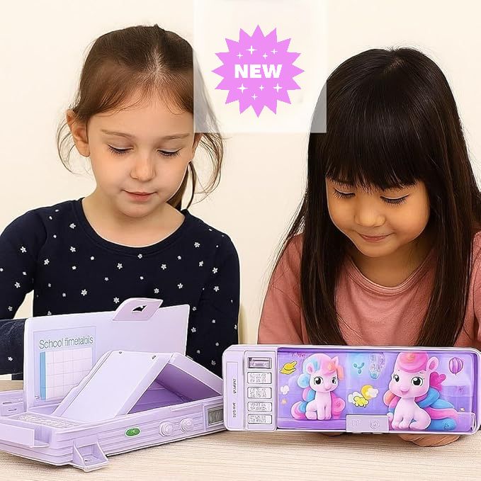 Unicorn Passcode Pencil BoxUnicorn Pencil BoxCRAFTY CUDDLETwo children with pencil box featuring cartoon ponies on a light backgroundBackToSchoolCartoonStationery