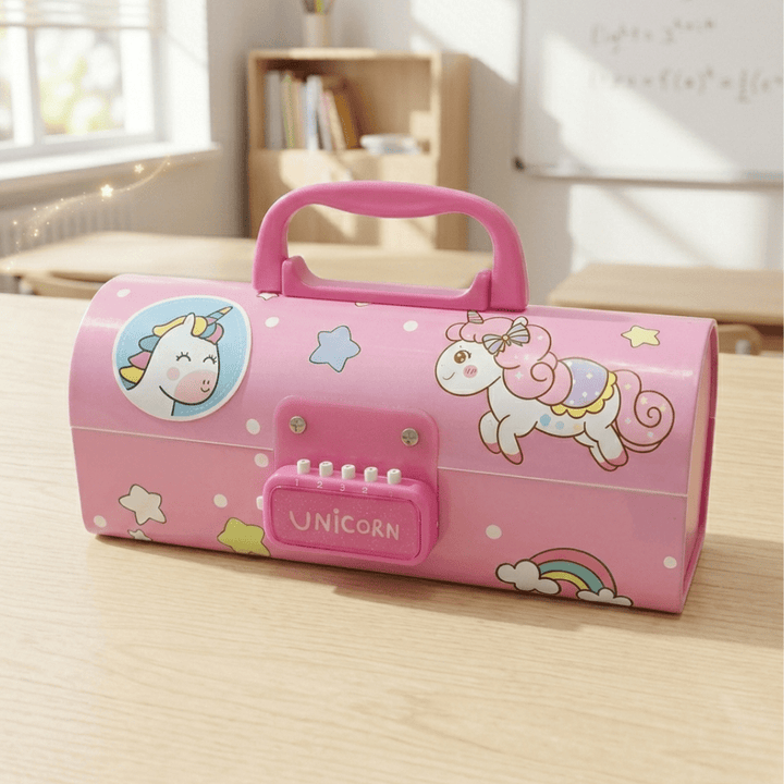Unicorn Passcode Pencil BoxUnicorn Pink Pencil BoxCRAFTY CUDDLEPink pencil box with unicorn design on a wooden surfacekidsessentialspencilboxforkids