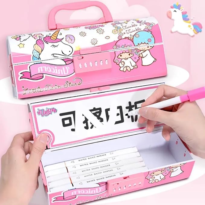 Unicorn Passcode Pencil BoxUnicorn Pink Pencil BoxCRAFTY CUDDLEPink Pencil box with cartoon characters and markers, featuring a hand holding a marker.kidsessentialspencilboxforkids