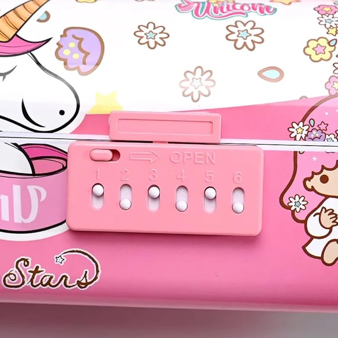 Unicorn Passcode Pencil BoxUnicorn Pink Pencil BoxCRAFTY CUDDLEPink pencil box with numbered slots on a colorful background with cartoon characters and patterns.kidsessentialspencilboxforkids