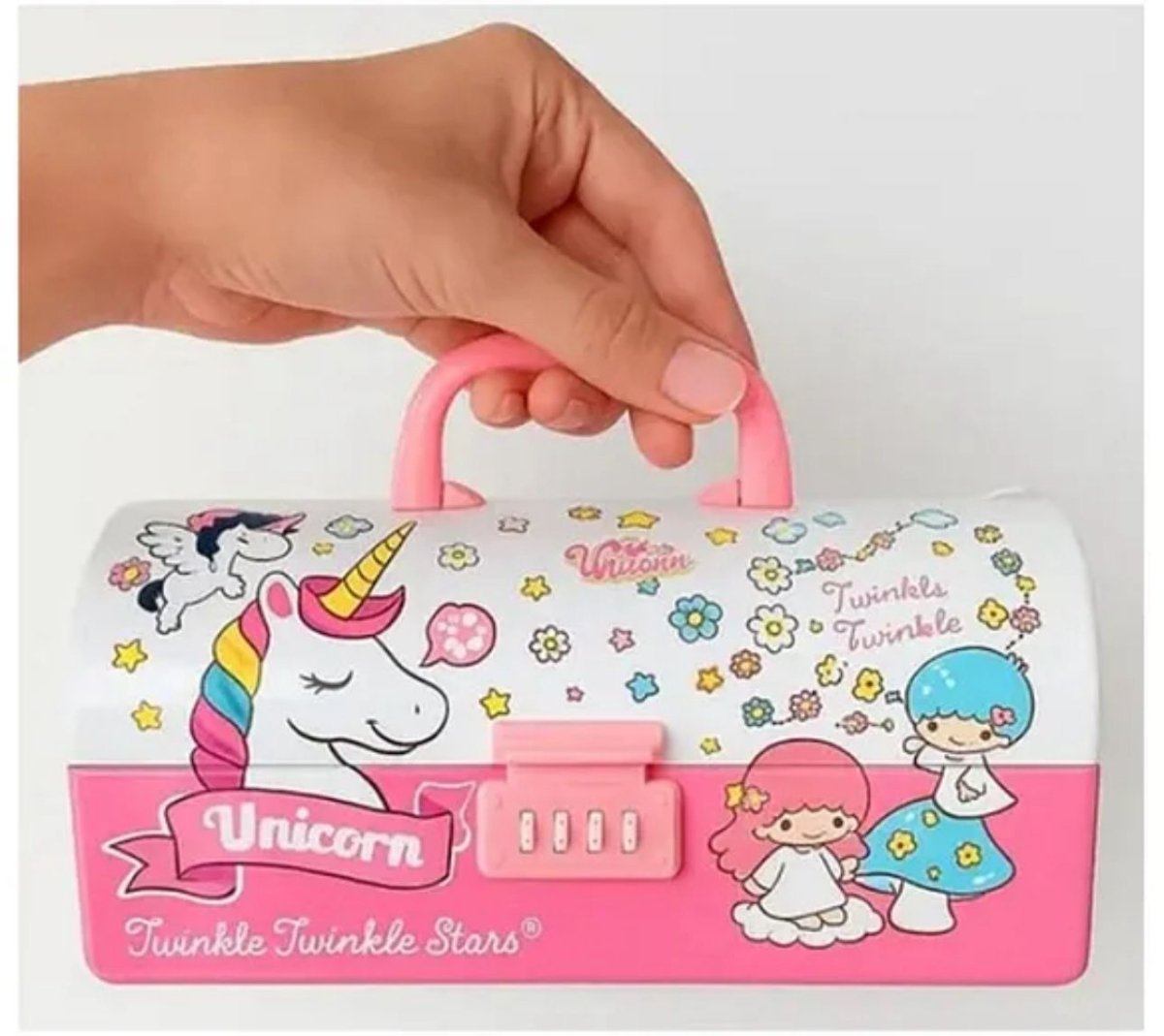 Unicorn Passcode Pencil BoxUnicorn Pink Pencil BoxCRAFTY CUDDLEPink and white case with unicorn design held by a hand on a light gray backgroundkidsessentialspencilboxforkids