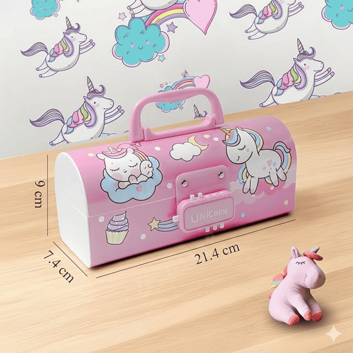 Unicorn Passcode Pencil BoxUnicorn Pink Pencil BoxCRAFTY CUDDLEPink unicorn - themed pencil case with measurements on a wooden surface and unicorn illustrations in the background.kidsessentialspencilboxforkids