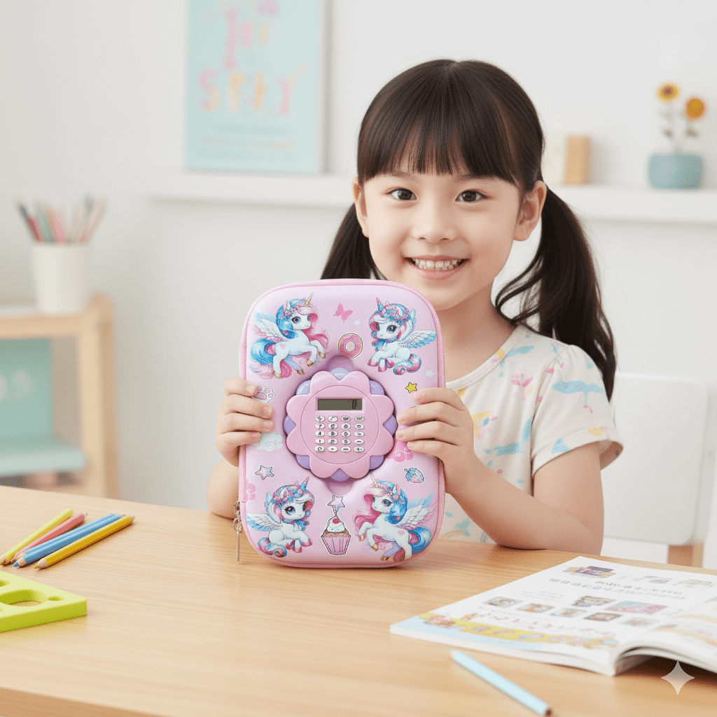 Unicorn Pencil Case with CalculatorCRAFTY CUDDLEYoung girl holding a pink pencil pouch with cartoon characters on a wooden table.