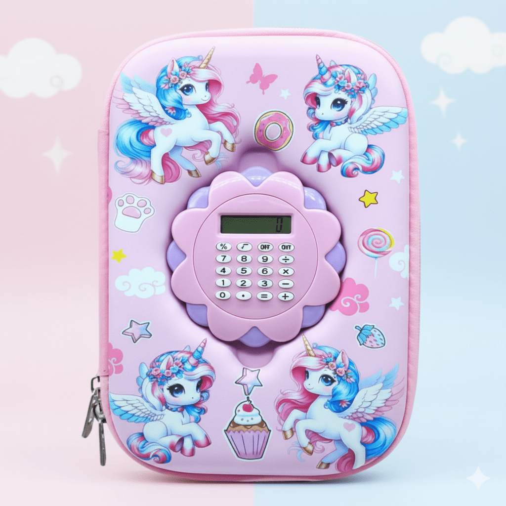 Unicorn Pencil Case with CalculatorCRAFTY CUDDLEPink calculator with unicorn designs on a light pink background