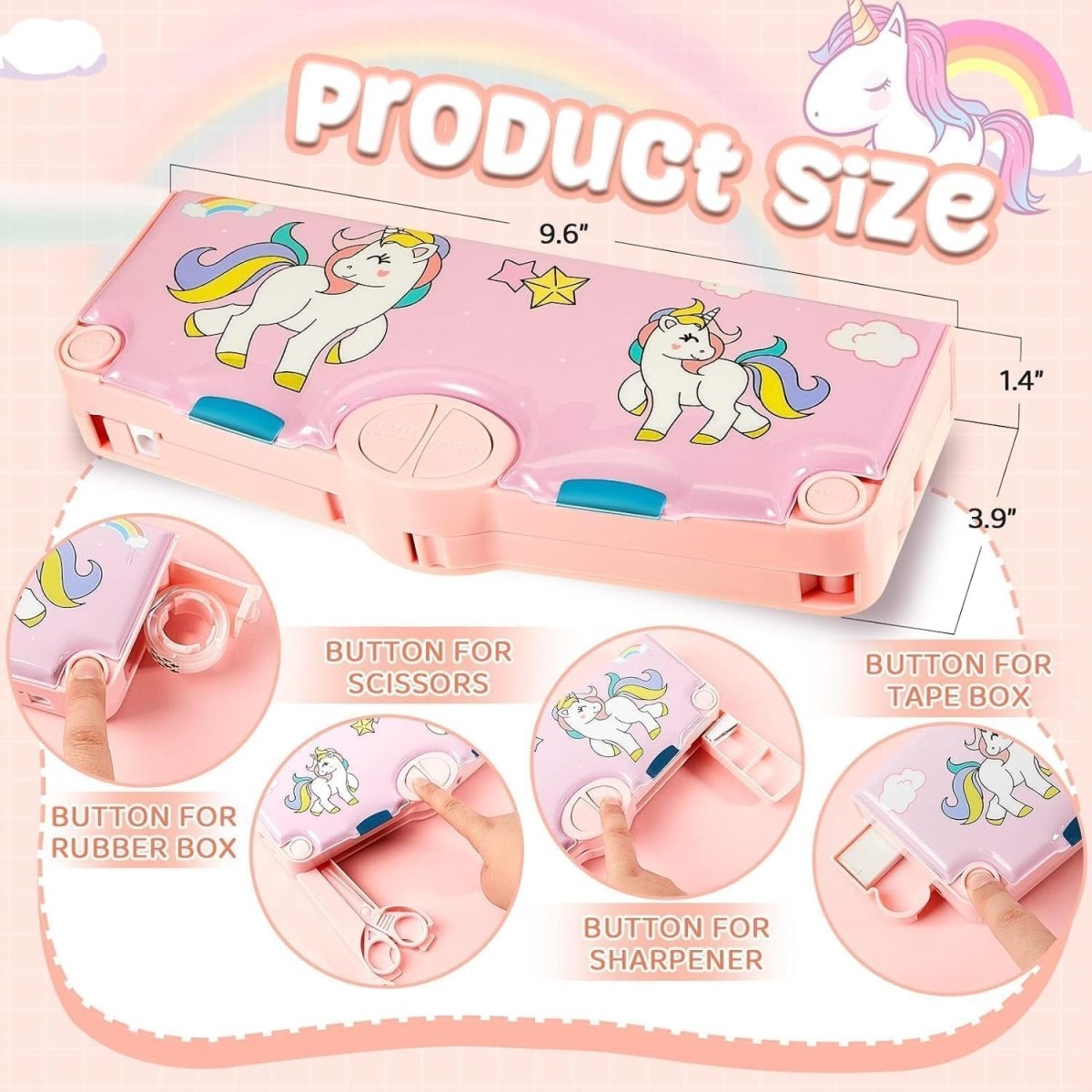 Multifunctional unicorn pink pencil box for girls – 245x100x35mm with one-click buttons for sharpener, scissors, tape, and rubber box