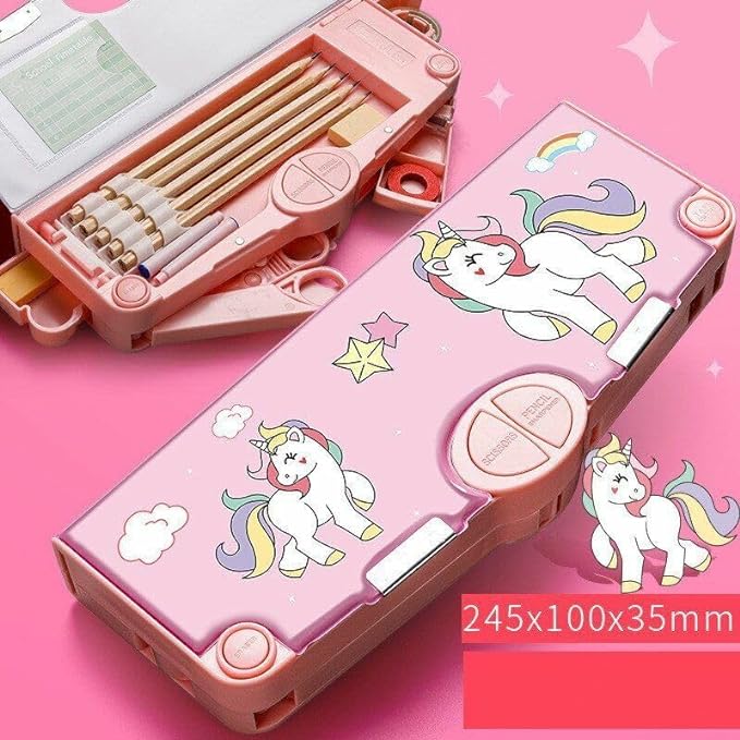 Pink Color Pencil Box Unicorn Pink Pencil Box with Push Button Compartments | Kids Stationery ...