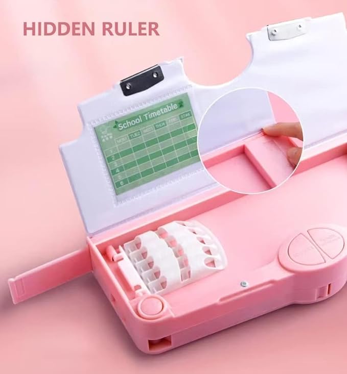 Multifunctional unicorn pink pencil box for girls – 245x100x35mm with hidden ruler and one-click buttons for sharpener, scissors, tape, and rubber box