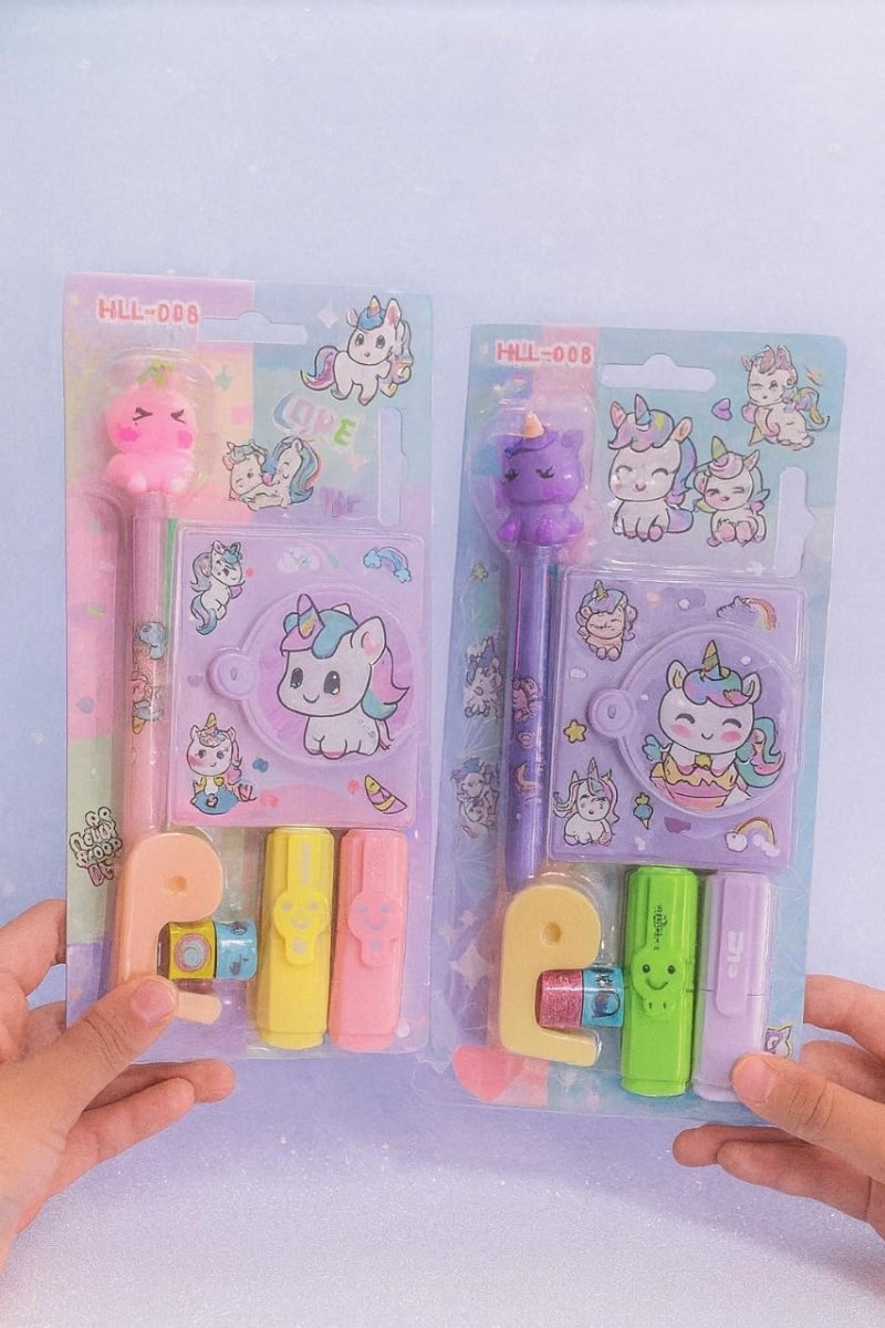 Unicorn Stationery Gift SetStationery SetsCRAFTY CUDDLETwo packages of stationery items with cartoon designs on a light gray backgroundBackToSchoolCuteStationery