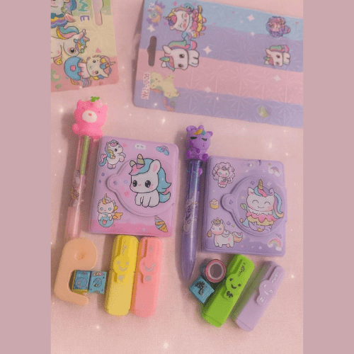 Unicorn Stationery Gift SetStationery SetsCRAFTY CUDDLEStationery items with cartoon designs on a pink backgroundBackToSchoolCuteStationery