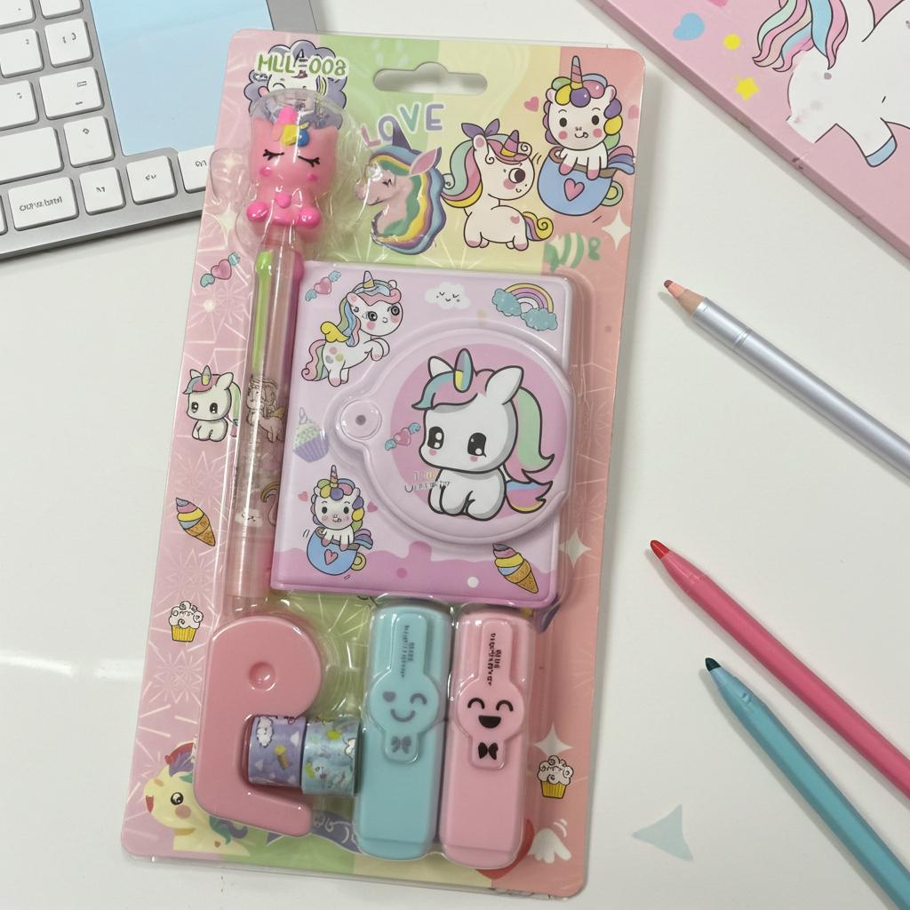 Unicorn Stationery Gift SetStationery SetsCRAFTY CUDDLEUnicorn - themed stationery set in packaging on a desk with pens and a keyboard.BackToSchoolCuteStationery