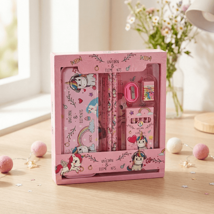 Unicorn Stationery SetCrafty CuddlePink stationery set with unicorn design in a box on a wooden surface.Unicorn 8015