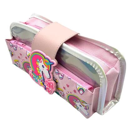 Side view of unicorn pencil pouch – spacious zippered design with colorful unicorn print