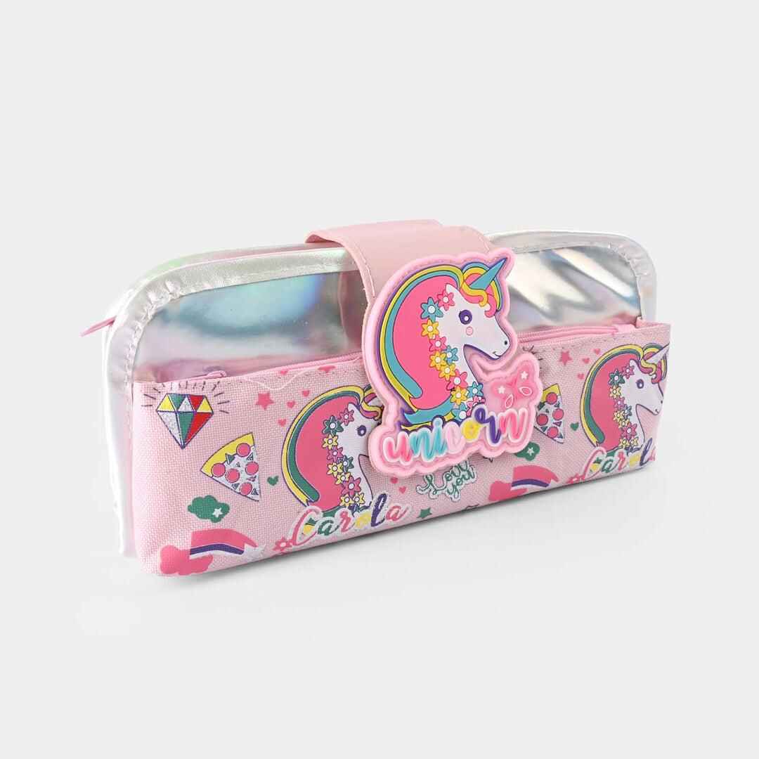 Front view of unicorn pencil pouch for kids featuring a colorful, magical unicorn design with pastel colors, sparkly details.