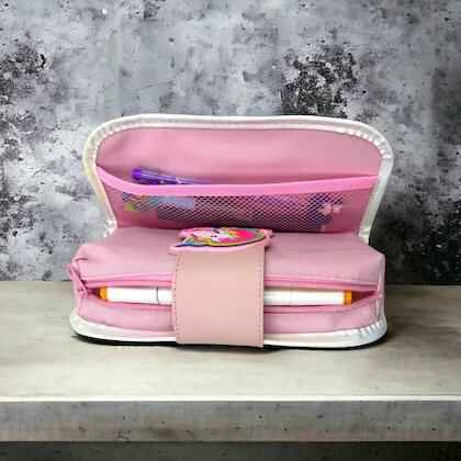 Open unicorn pencil pouch for kids showing spacious interior with colorful stationery and cute fabric lining
