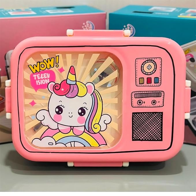 Cute pink TV-shaped unicorn lunch box for kids with cartoon design, secure latches, and transparent window – fun and colorful tiffin box for school
