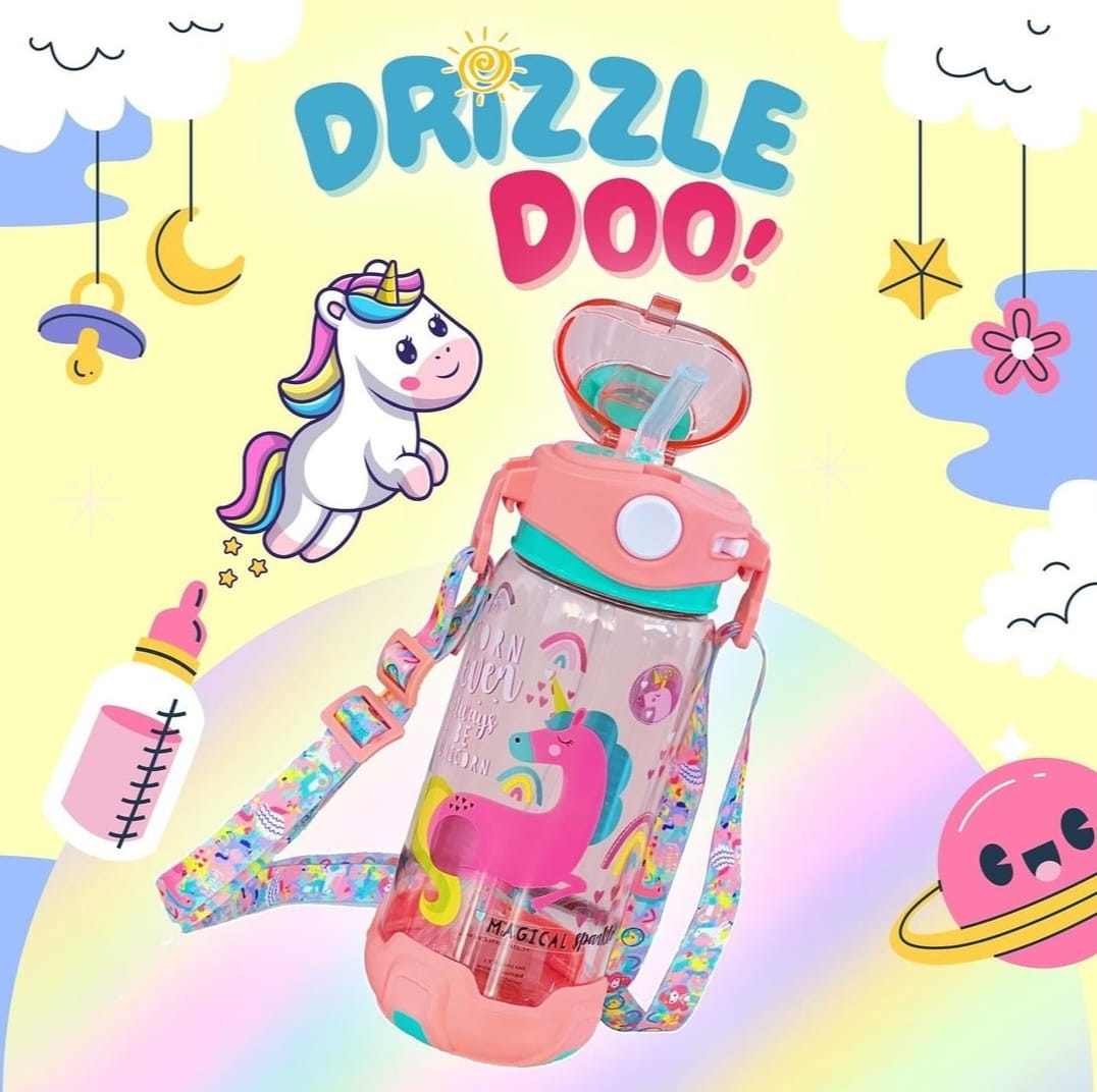 Kids Unicorn Water Bottle with Strap – Leak-Proof Sipper with Cute Cartoon Print, Detachable Lid and Shoulder Strap – BPA-Free Plastic, Pink Design