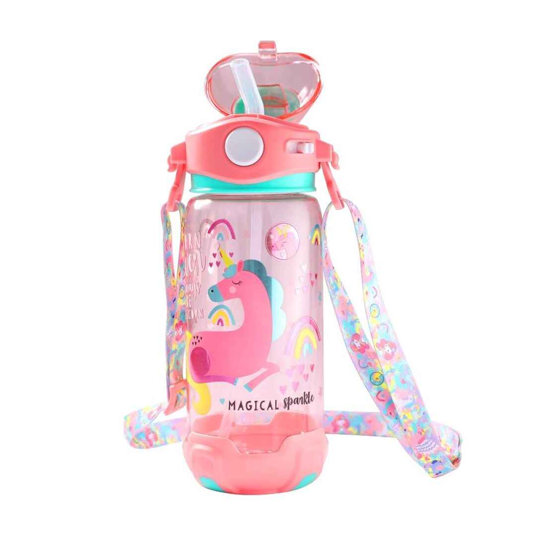 Kids Unicorn Water Bottle with Strap – Leak-Proof Sipper with Cute Cartoon Print, Detachable Lid and Shoulder Strap – BPA-Free Plastic, Pink Design