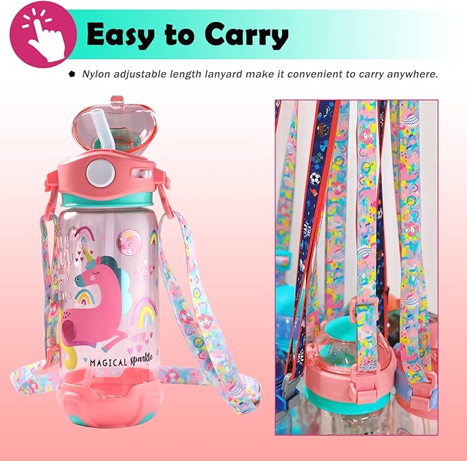 Kids Unicorn Water Bottle with Strap – One-Click Open, 100% Dust-Proof & Leak-Proof Sipper with Smooth Flow, Cute Cartoon Print, BPA-Free Plastic, Adjustable Nylon Lanyard for Easy Carry, Pink Design