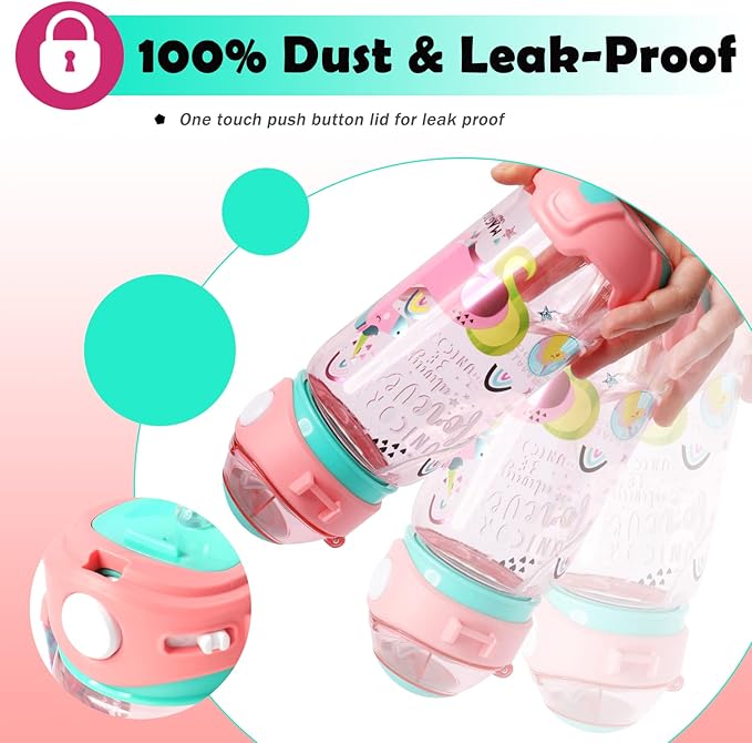 Kids Unicorn Water Bottle with Strap – One-Click Open, 100% Dust-Proof & Leak-Proof Sipper with Smooth Flow, Cute Cartoon Print, Detachable Lid and Shoulder Strap – BPA-Free Plastic, Pink Design