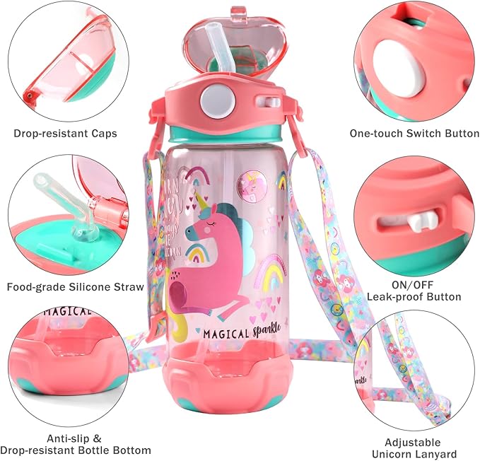 650ml Kids Unicorn Water Bottle with Strap – Time Markers, Measurement Scale, Food-Grade Silicone Straw, One-Touch Open with Lock Button, Leak-Proof & Dust-Proof, BPA-Free Plastic, Adjustable Lanyard, Pink Design