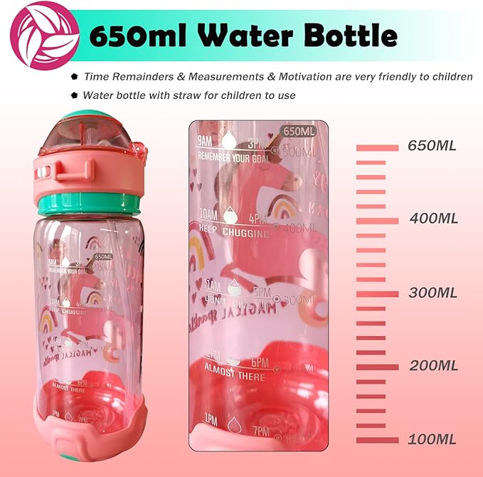 650ml Kids Unicorn Water Bottle with Strap – Time Markers & Measurement Scale, One-Click Open, 100% Dust-Proof & Leak-Proof Sipper, Adjustable Nylon Lanyard, BPA-Free Plastic, Pink Design