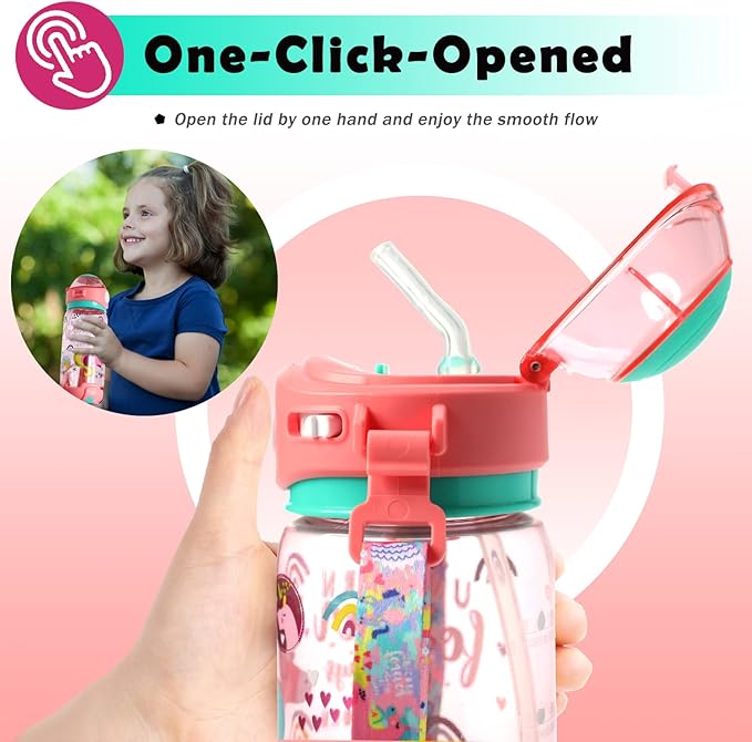 Kids Unicorn Water Bottle with Strap – One-Click Open, Leak-Proof Sipper with Smooth Flow, Cute Cartoon Print, Detachable Lid and Shoulder Strap – BPA-Free Plastic, Pink  Design