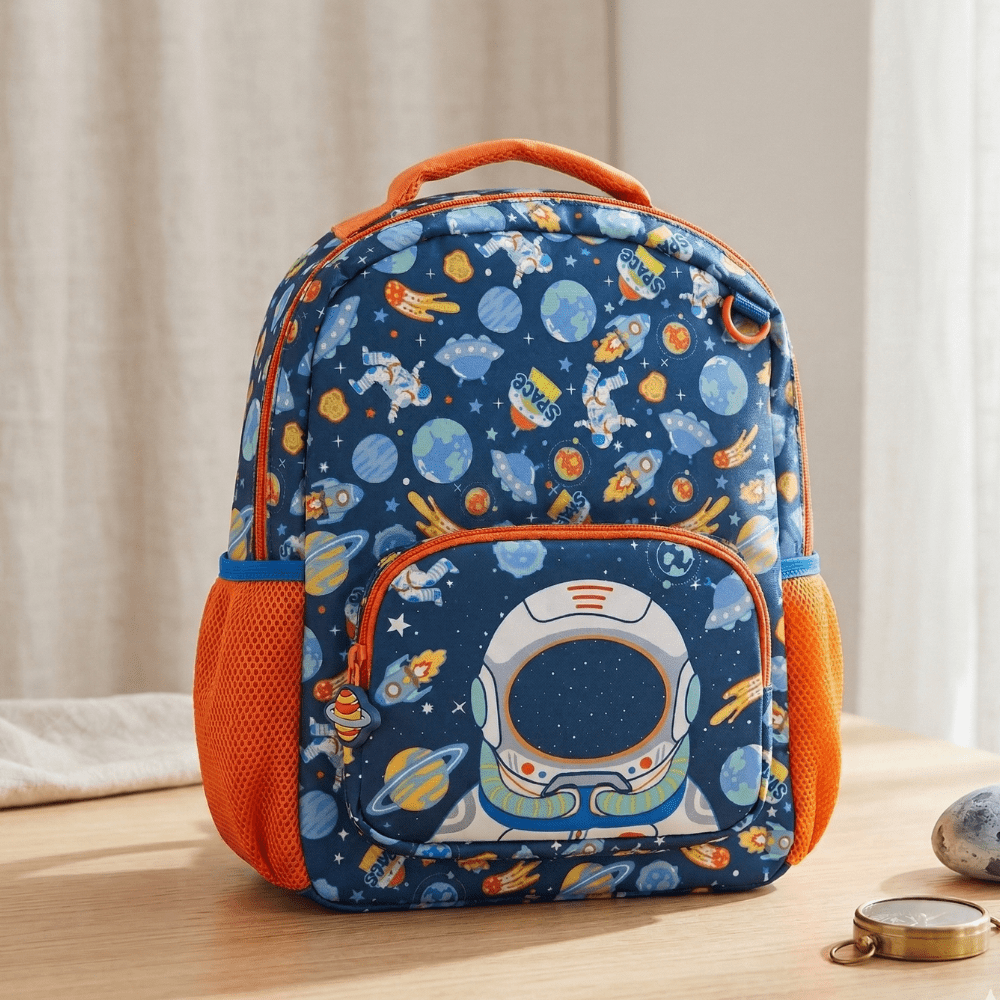 Vest Brand Space Theme School BagCrafty CuddleChildren's backpack with space - themed design on a wooden surfaceSpace School Bag