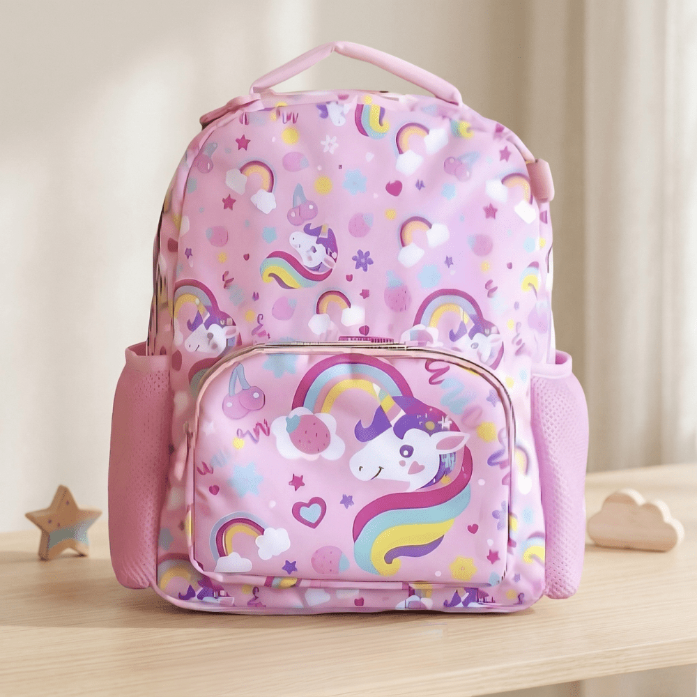 Vest Brand Unicorn Theme School BagCrafty CuddlePink backpack with unicorn and rainbow patterns on a wooden surface.Unicorn School Bag-2Baby Pink