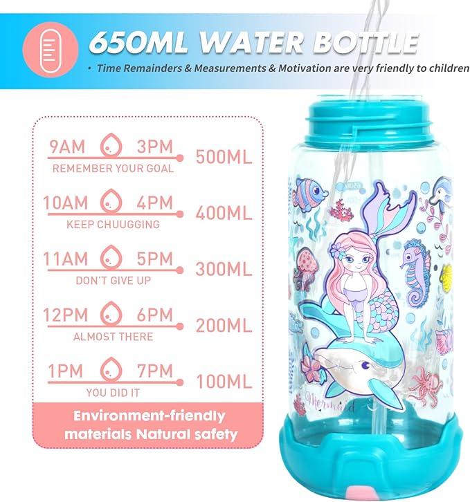 VEST 650 ml mermaid-themed sipper bottle, BPA-free, spill-proof flip lid, matching detachable strap.
