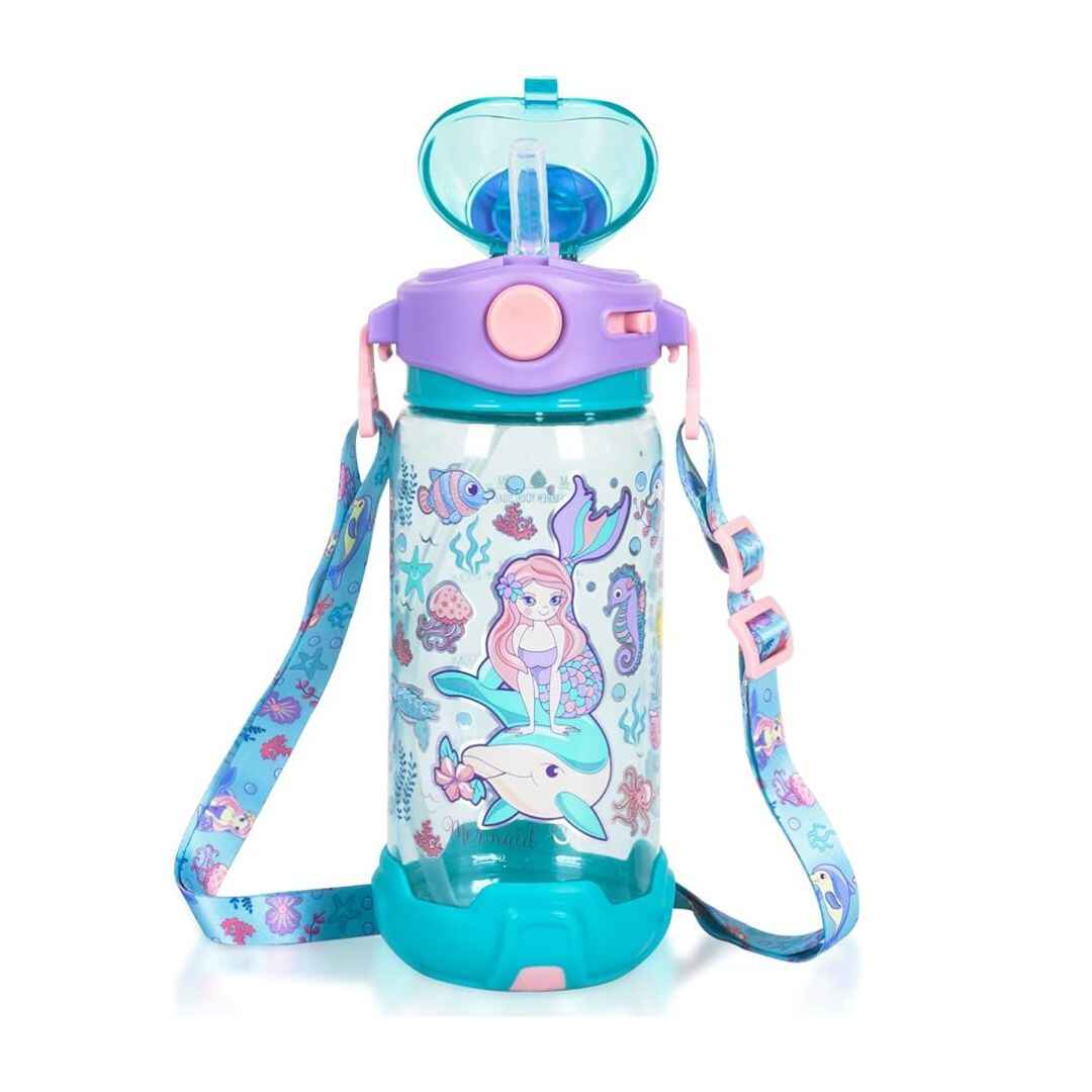 VEST Mermaid theme kids water bottle standing upright, featuring vibrant mermaid illustration and pastel ocean design.