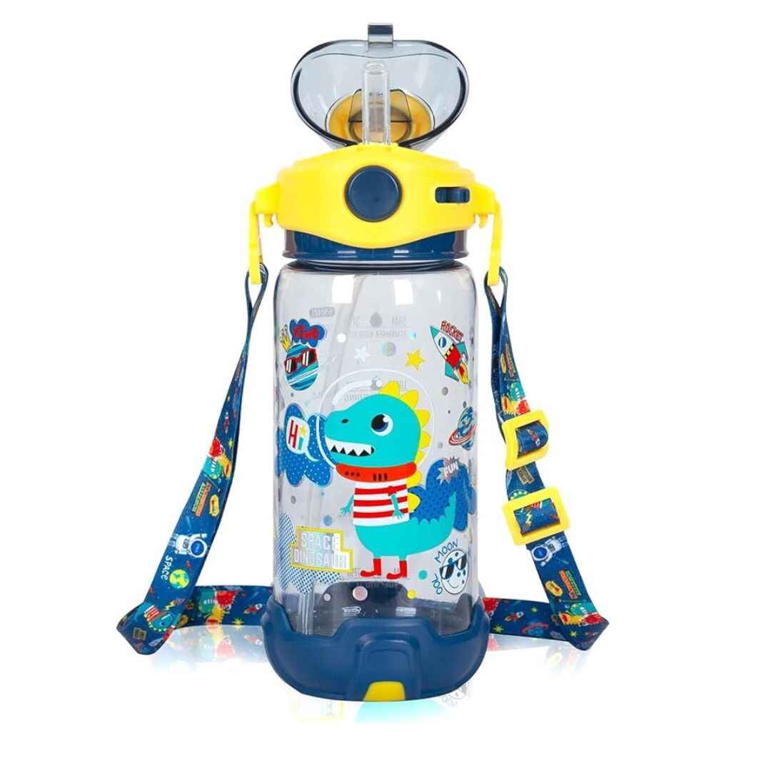 VEST 650 ml space-dinosaur BPA-free water bottle with anti-spill sipper lid and detachable easy-carry strap.