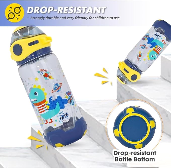 650ml VEST Space Dinosaur water bottle with adjustable strap, dust-proof sipper, and durable BPA-free build.