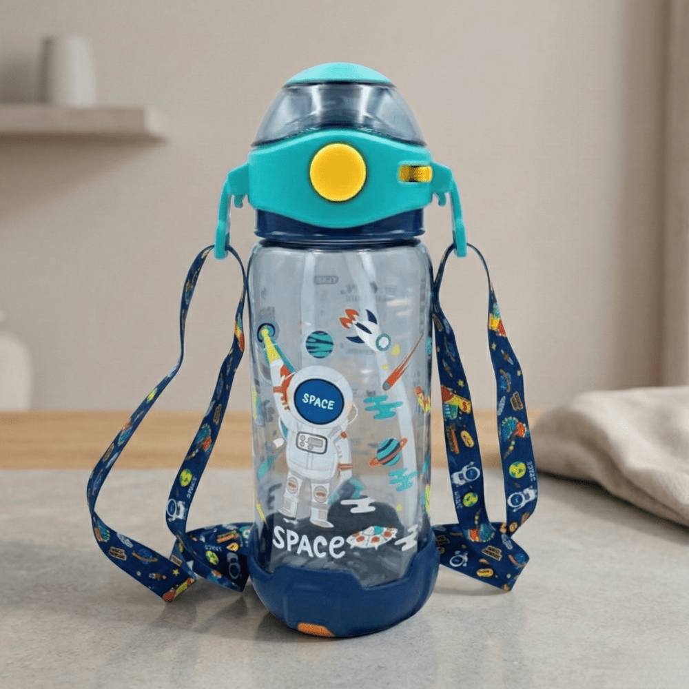 Vest Space Explorer Water Bottle for KidsKids Water Bottle , Insulated Kids Water Bottle Straw Water Bottle for Kids Leak - proof Water Bottle Drop - resistant Water Bottle, Space - themed Kids BottleCrafty CuddleChildren's water bottle with space - themed design and colorful straps on a neutral backgroundSpace VEST Bottleastronaut bottleback to school essentials