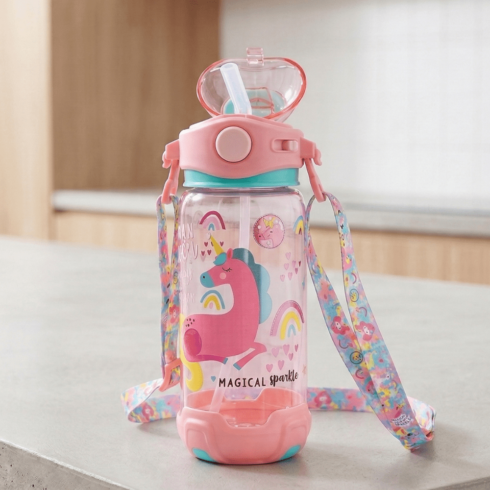 Vest Unicorn Sipper Water BottleUnicorn Theme Kids Water Bottle, Leak - Proof Kids Sipper BottleCrafty CuddleChildren's water bottle with unicorn design and colorful strap on a light surface.AdjustableStrapBackToSchoolEssentials