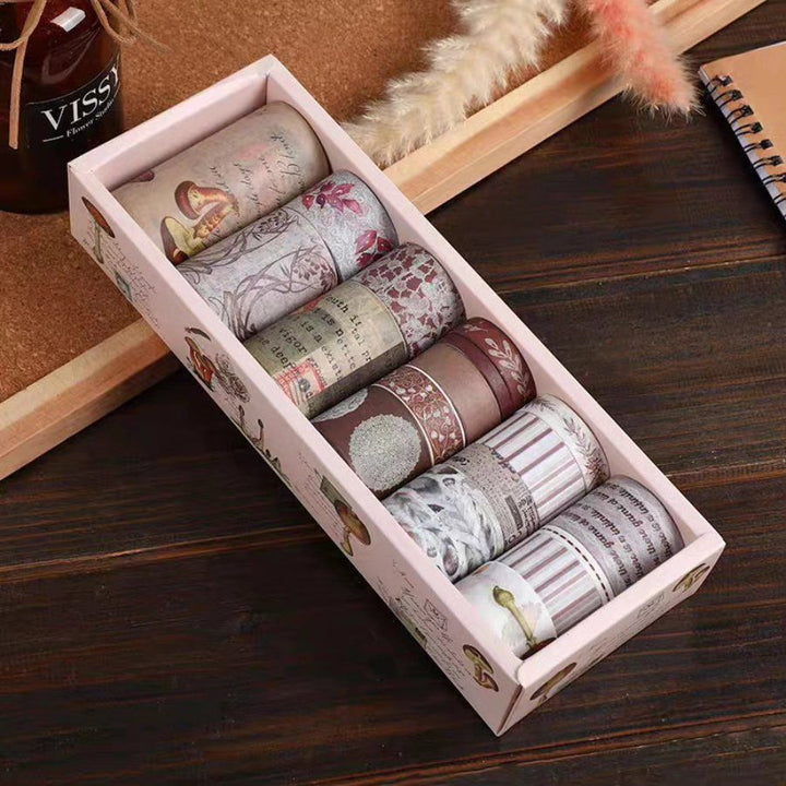 Vintage Floral Washi Tape Set - 18 RollsDecorative Washi TapeCRAFTY CUDDLESet of washi tape rolls in a decorative box on a wooden surfaceMushroom Boxwashitape washitapelove washitapeaddict floralstationery vintagestationery botanicalstationery journaling junkjournal scrapbooking artjournaling creativejournaling aestheticstationery stationerylovers