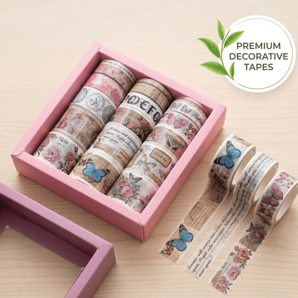 Set of decorative tapes in a pink box with a 'Premium Decorative Tapes' label.