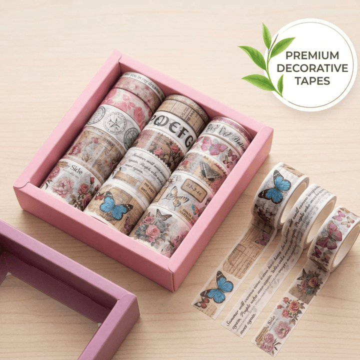 Set of decorative tapes in a pink box with a &