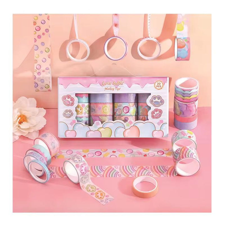 Washi Tape – 20 pcs Love Bubble SetCRAFTY CUDDLESet of colorful washi tape with packaging on a pink background