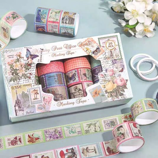 Washi Tape – 20 pcs Memory Post Office SetCRAFTY CUDDLESet of decorative masking tapes with a box on a light blue background