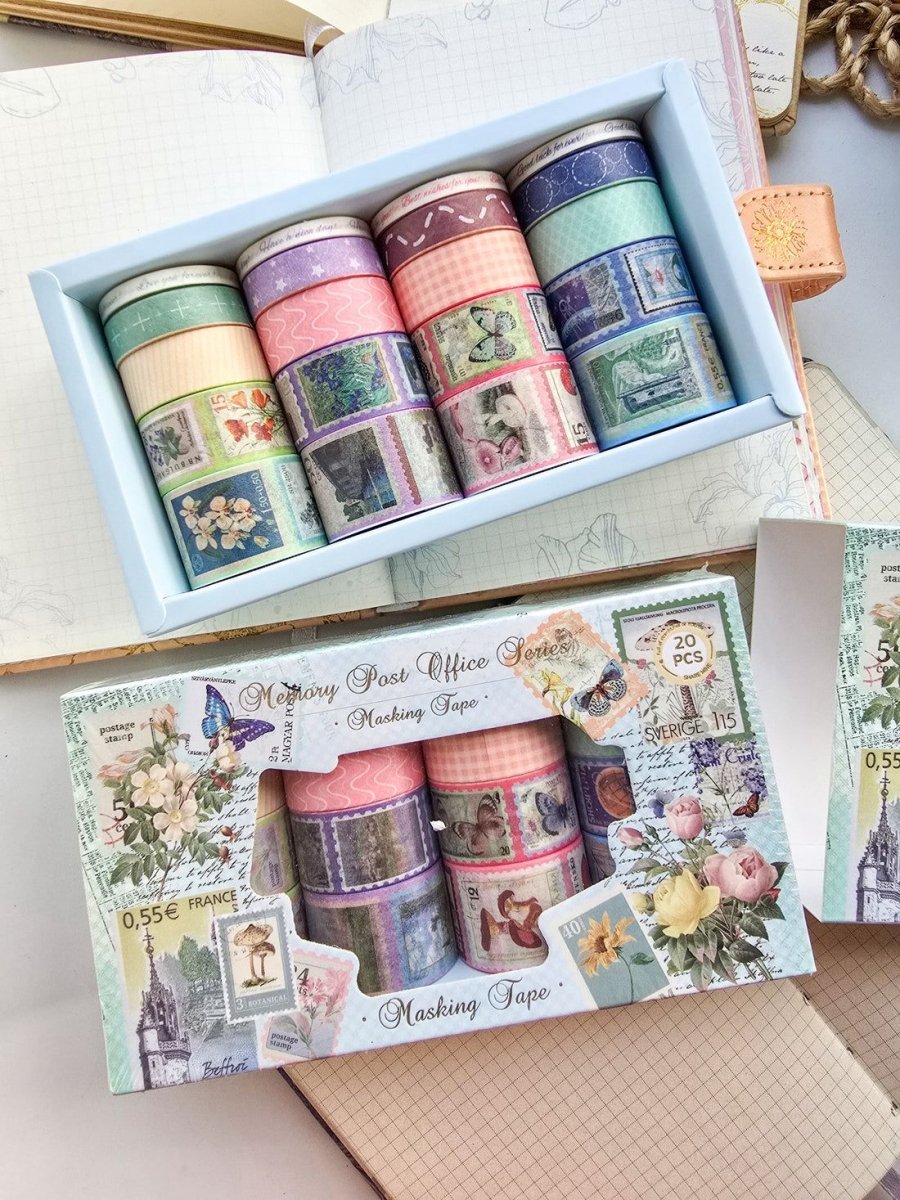 Washi Tape – 20 pcs Memory Post Office SetCRAFTY CUDDLESet of decorative washi tape rolls in a box with a matching packaging design.