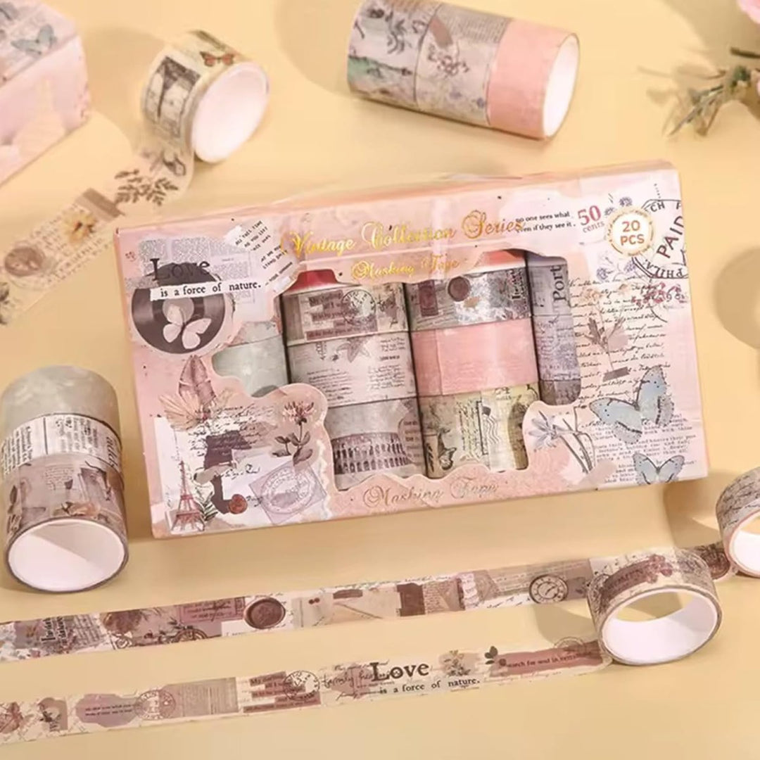 Washi Tape – 20 pcs Vintage Collection SeriesCRAFTY CUDDLESet of decorative washi tapes with a vintage design on a yellow background