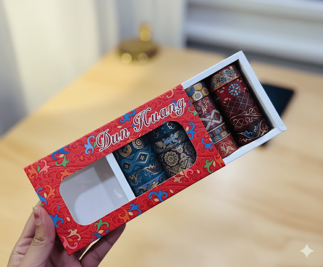 Washi Tape 20 Rolls – Dun Huang Art SeriesCRAFTY CUDDLERed decorative box with 'Dun Huang' branding containing patterned washi tapes on a wooden surface.