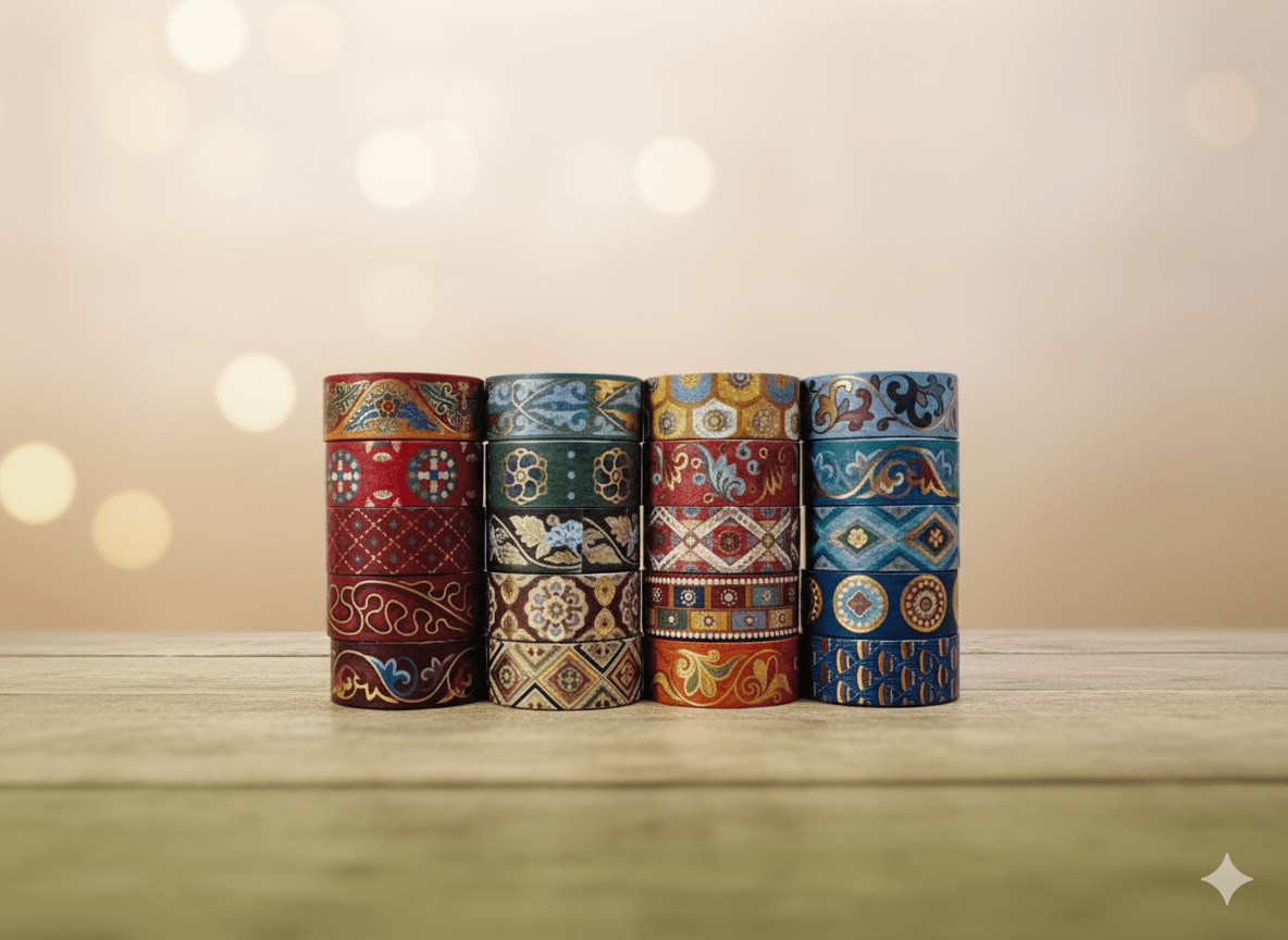 Washi Tape 20 Rolls – Dun Huang Art SeriesCRAFTY CUDDLEWashi Tapes with decorative patterns on a wooden surface.