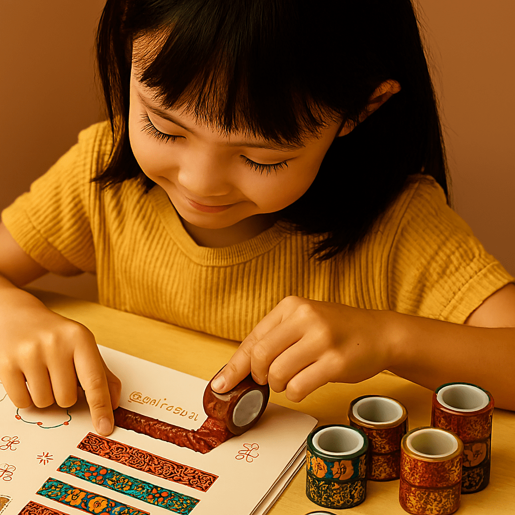 Washi Tape 20 Rolls – Dun Huang Art SeriesCRAFTY CUDDLEChild using washi tapes with colorful designs on a book