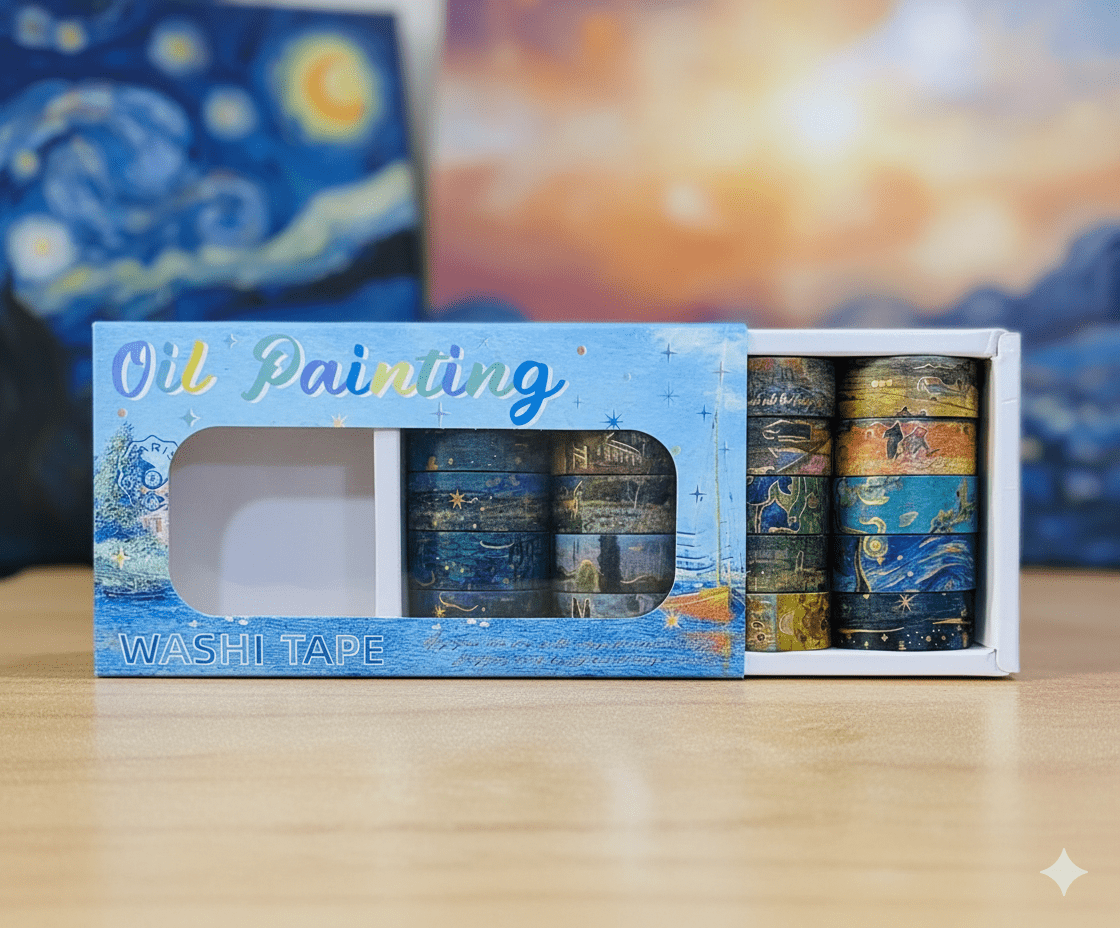 Washi Tape 20 Rolls – Oil Painting BlueCRAFTY CUDDLEBox of oil painting washi tape with a blurred artwork in the background