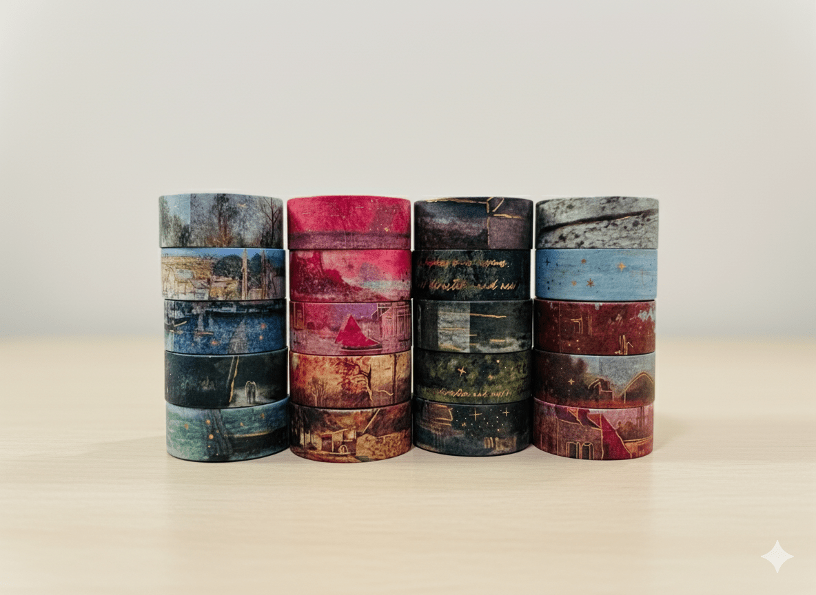 Washi Tape 20 Rolls – Oil Painting GreenCRAFTY CUDDLERolls of decorative tape with scenic designs on a white surface.