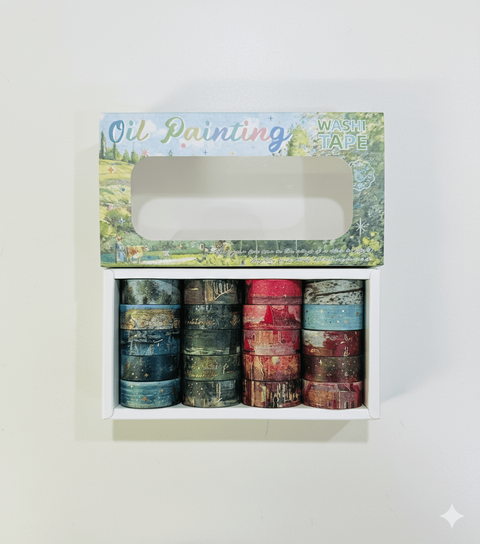 Washi Tape 20 Rolls – Oil Painting GreenCRAFTY CUDDLESet of washi tape with colorful packaging on a white background