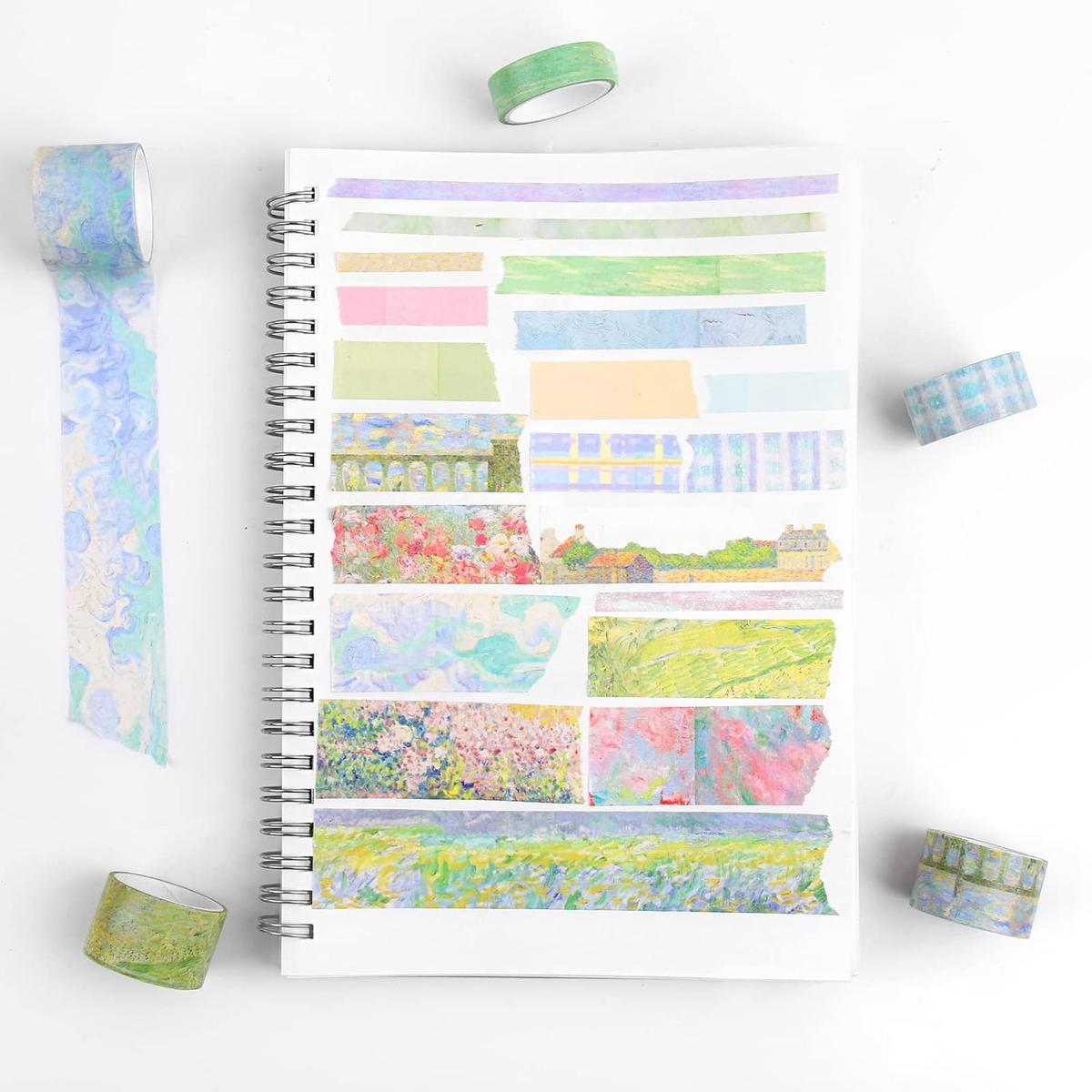 Washi Tape 20 Rolls – The Silence in the Painting SeriesCRAFTY CUDDLENotebook with colorful washi tape strips on a white background