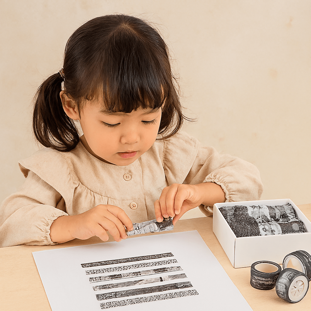Washi Tape Box of 20 – Black &amp; WhiteCRAFTY CUDDLEChild engaging with a craft activity involving black and white materials on a beige background